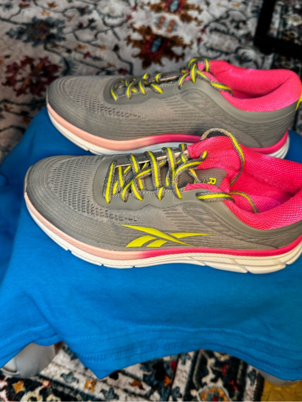 Reebok Gray Sneakers with Pink Lining and Yellow Accents
